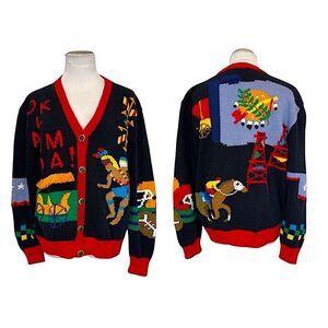 Vintage Berek 2 by Takako Sakon Oklahoma Black and Red Cardigan Sweater Size M